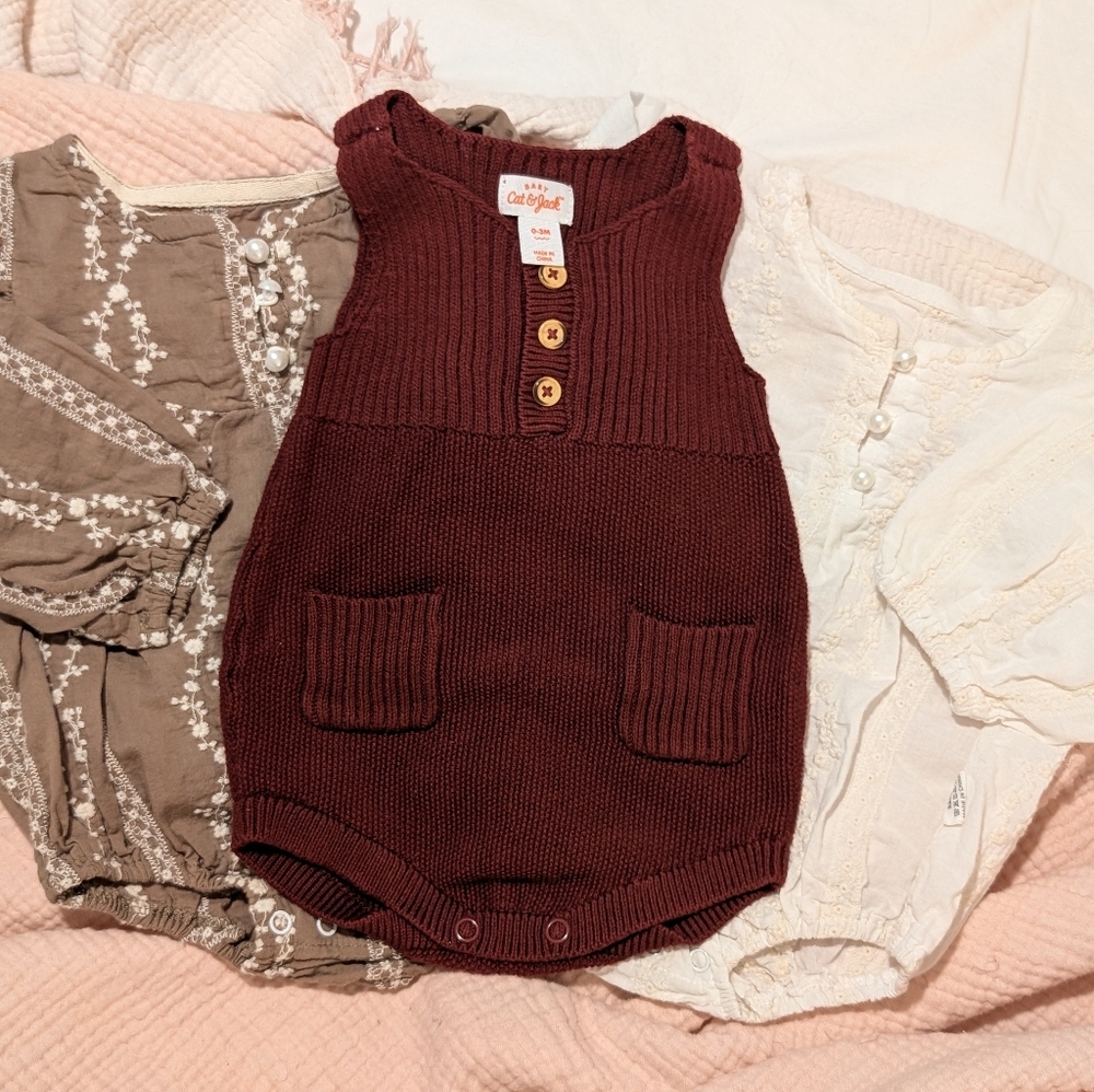 Cat & Jack Maroon‎ Knit Romper with Wooden Buttons + 2 Unmarked Rompers